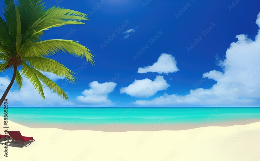 Empty beach with blue water, sky, palm tree and clouds