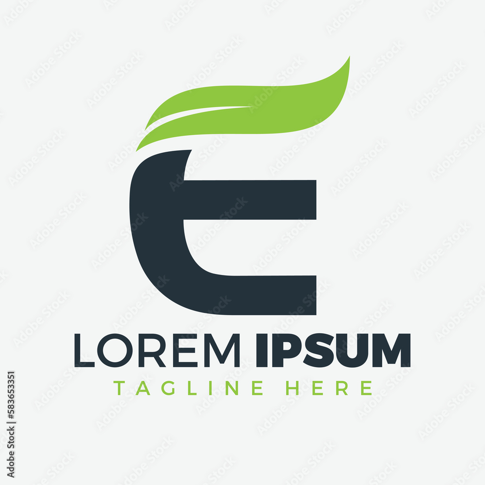 E letter with leaf logo design, alphabet Logo with Leaf Stock Vector ...