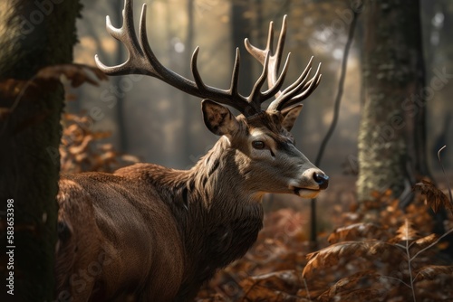 A royal deer with big antlers in the woods. AI generated