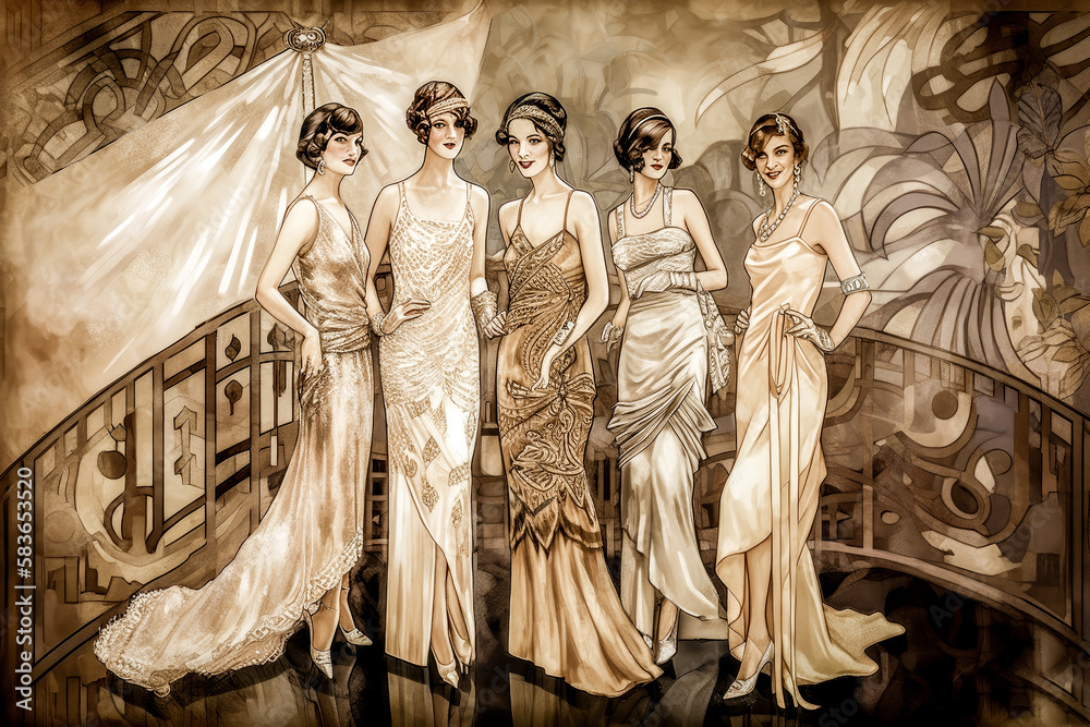 AI generated vintage poster artwork of a group of young women dressed ...