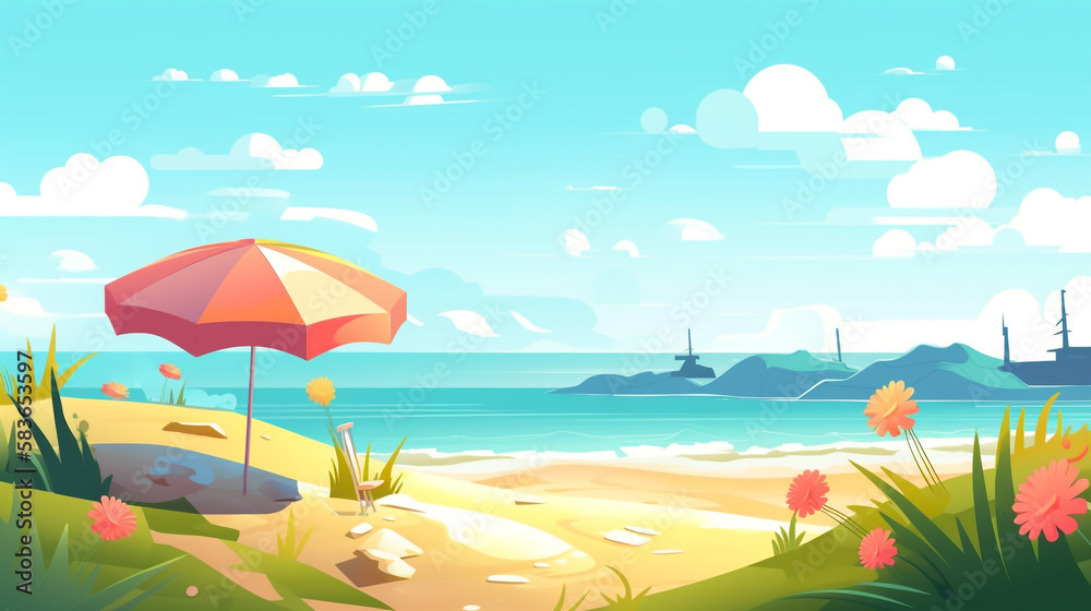 summer landscape with beach and umbrella, summer beach background, summer day illustration, generative ai