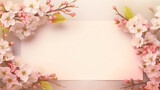 pink cherry blossom border, blank space for photo frame, Generative ai