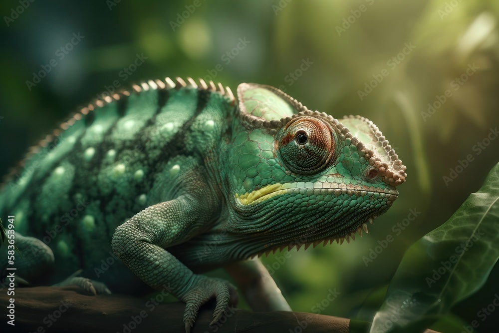 Beautiful green chameleon. AI generated