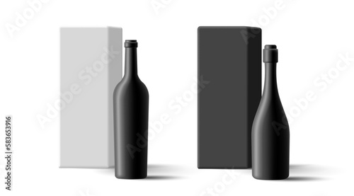 Modern 3d mockup of empty black bottles for wine, oil, black and white empty box for mockup design. Isolated image on white background.