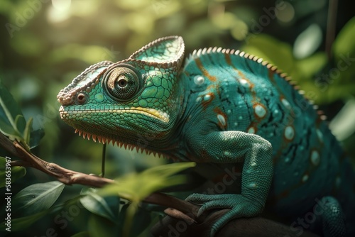 Beautiful green chameleon. AI generated © yuliachupina