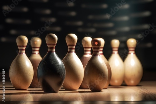 Bowling pins in motion. AI generated