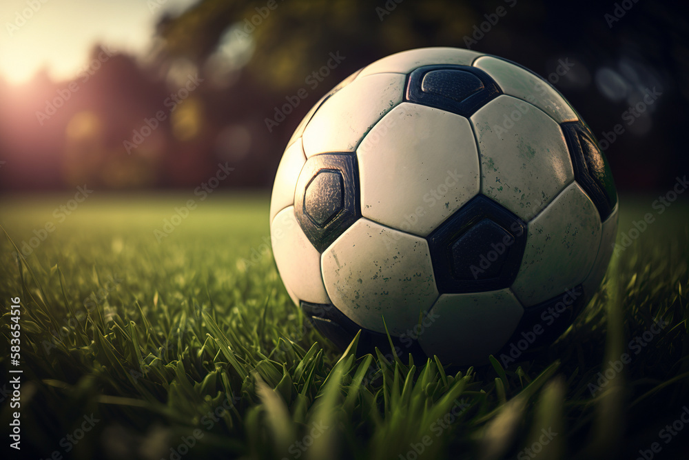 Fototapeta premium Soccer match ball on green grass on stadium. Generative AI.