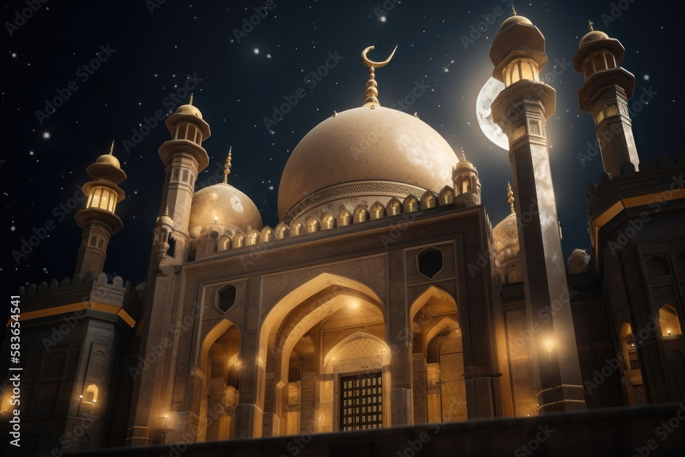 Illustration of a mosque with golden moon and stars ornament. AI generated