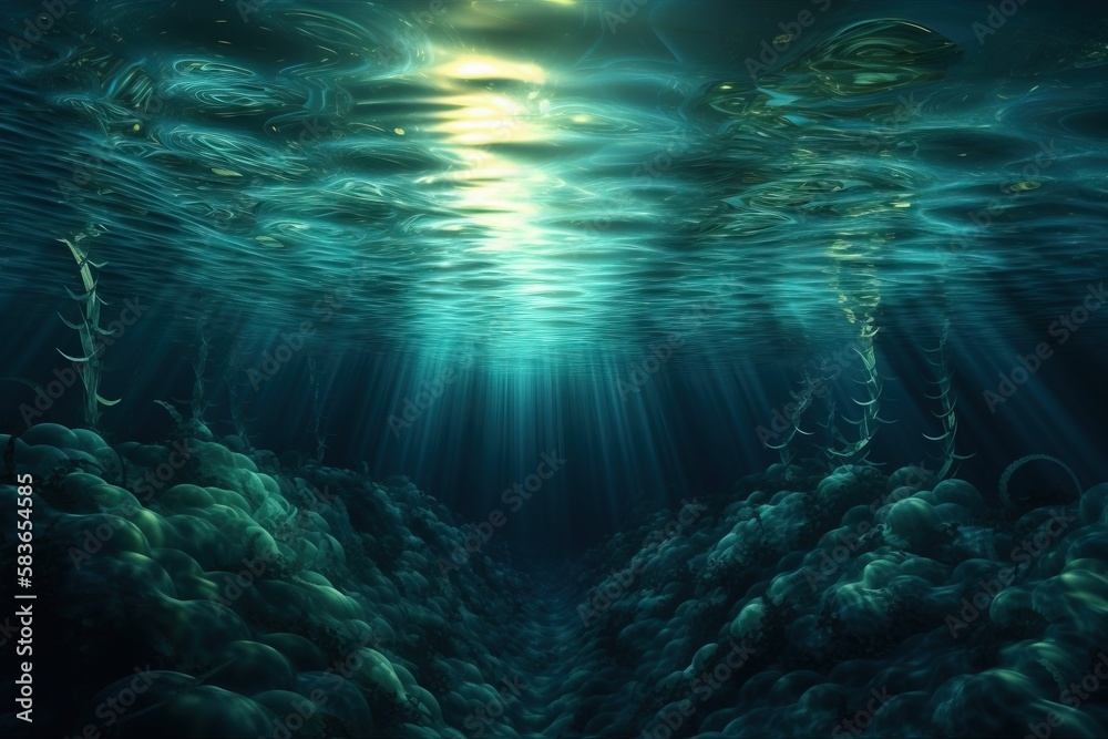 a painting of a deep blue ocean with clouds and sun beams coming out of ...
