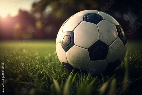 Soccer match ball on green grass on stadium. Generative AI.