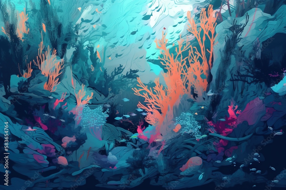 a painting of corals and seaweed in a blue ocean with corals and other ...