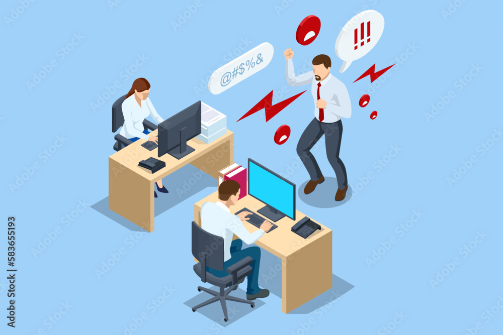Isometric Corporate Problems, Female Rights and Bullying Problem At Workplace. Businessman bullying a sad colleague that is sitting in her workplace at the office - obrazy, fototapety, plakaty 