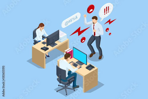 Isometric Corporate Problems, Female Rights and Bullying Problem At Workplace. Businessman bullying a sad colleague that is sitting in her workplace at the office photo