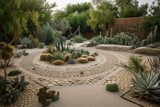 A desert-inspired garden with cacti, succulents, and sandy-colored gravel arranged in a symmetrical pattern. Generative AI
