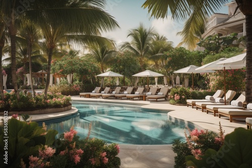 A tropical paradise with palm trees, exotic flowers, and a luxurious pool surrounded by lounge chairs and cabanas. Generative AI