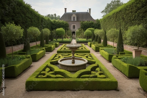 A classic French garden featuring manicured hedges, a central fountain, and symmetrical flower beds. Generative AI