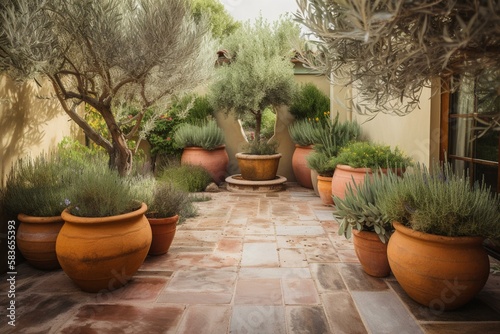 A garden inspired by the colors and textures of the Mediterranean, featuring olive trees, lavender, and terracotta pottery. Generative AI