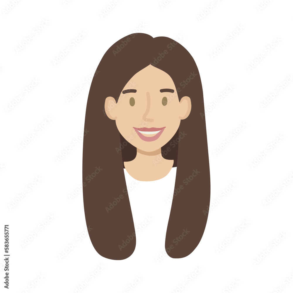 Girl face flat. Friendly young woman with long dark hair. Hand drawn vector illustration. Girl face flat. Friendly young woman with long dark hair. Hand drawn vector illustration.