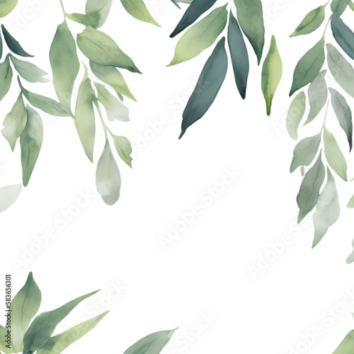 watercolor gently green leaves on a transparent isolated background, place for your text. generative AI