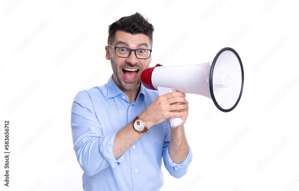 shocked man announcer with megaphone isolated on white background. man announcer shocked man announcer with megaphone isolated on white background. man announcer