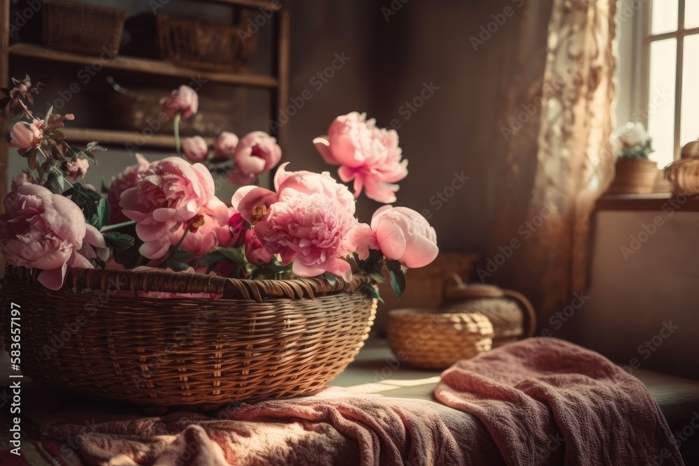 Modern bohemian room with flowers in basket. Pink peonies on rustic backdrop. Bohemian style, fashionable comfort. Generative AI Modern bohemian room with flowers in basket. Pink peonies on rustic backdrop. Bohemian style, fashionable comfort. Generative AI