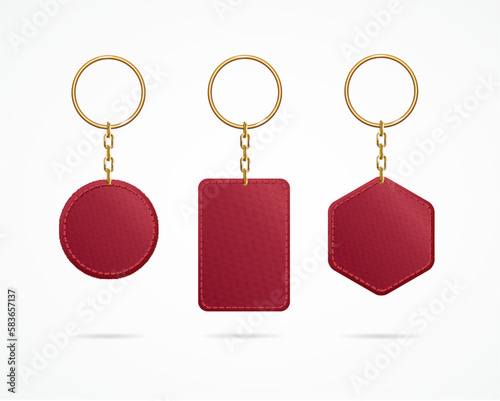 Realistic Detailed 3d Leather Keychain Set. Vector illustration of Shiny Golden Holder Trinket for Key with Metal Ring