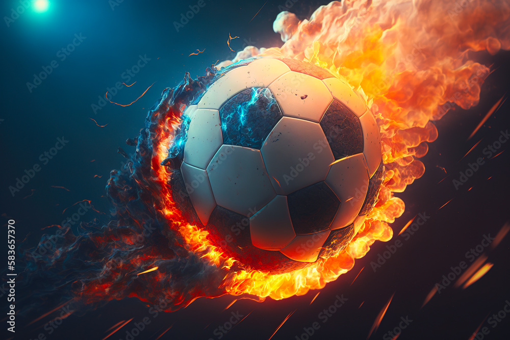 Naklejka premium Burning soccer ball like a comet on a dark background. Generative AI