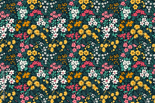 Vector seamless pattern. Pretty pattern in small flowers. Small pink, white and yellow flowers. Dark blue background. Ditsy floral background. Trendy template for fashion prints. Stock vector.