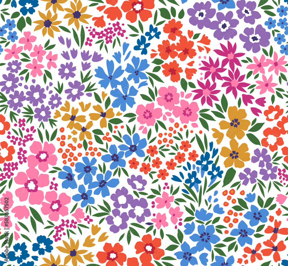 Beautiful floral pattern in small abstract flowers. Small colorful flowers. White background. Ditsy print. Floral seamless background. The gentle template for fashion prints. Stock pattern.
