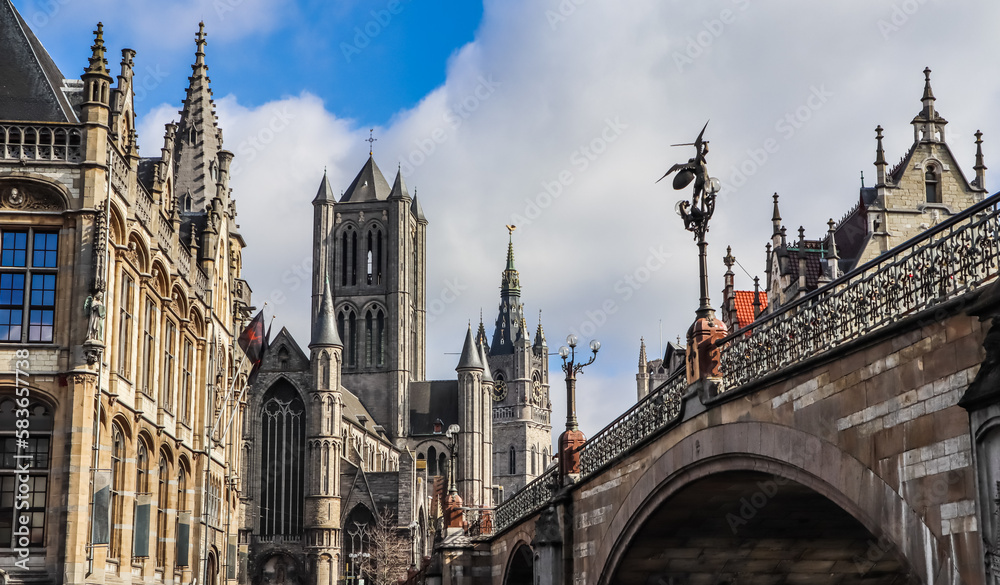 Fototapeta premium Ghent old town skyline and Saint Nicholas Church, historic city centre, Gent Belgium travel photo