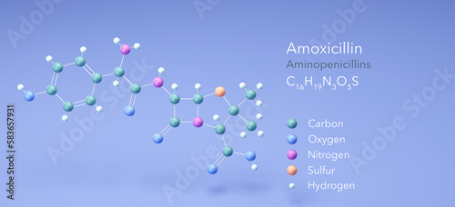 amoxicillin molecule, molecular structures, aminopenicillins, 3d model, Structural Chemical Formula and Atoms with Color Coding photo