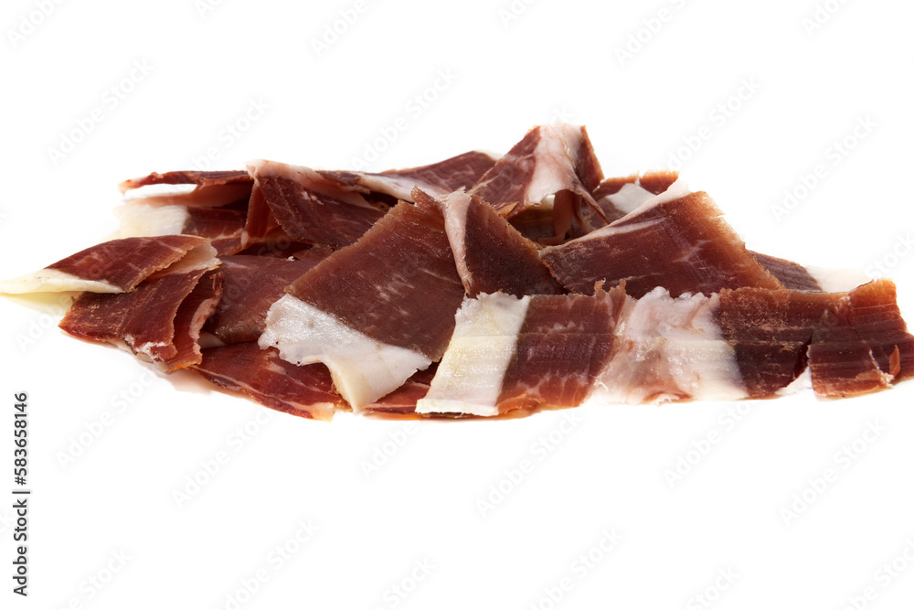 Iberico ham, isolated on white background. Spanish delicatessen concept. Iberico ham, isolated on white background. Spanish delicatessen concept.