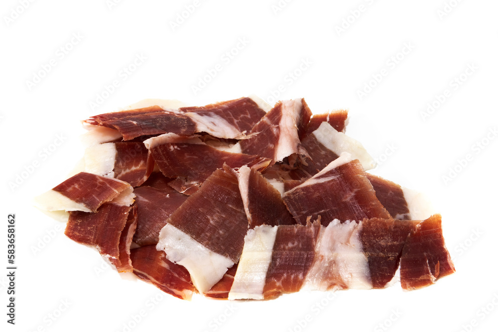 Iberico ham, isolated on white background. Spanish delicatessen concept. Iberico ham, isolated on white background. Spanish delicatessen concept.