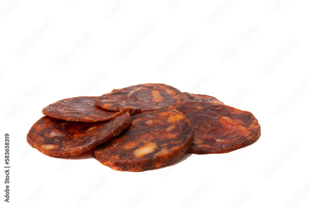 Iberian chorizo, isolated on white background. Spanish delicatessen concept. Iberian chorizo, isolated on white background. Spanish delicatessen concept.