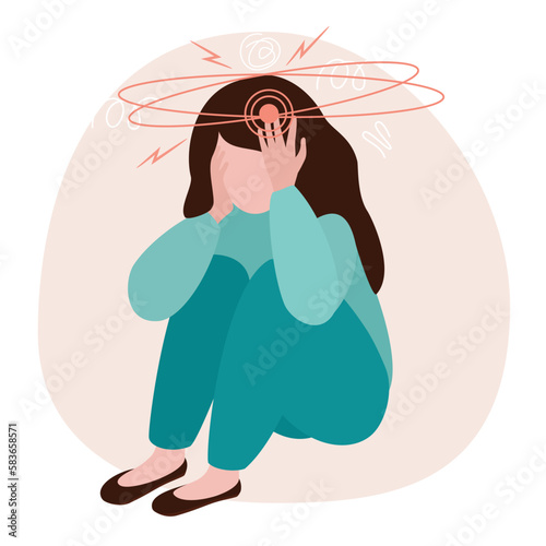 Unhappy girl suffers from vertigo and headache and needs medical help. Overwork. Symptom of influenza and other diseases. Stress. Healthcare and medicine concept. Vector illustration.