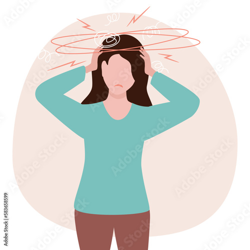 Unhappy girl suffers from vertigo and headache and needs medical help. Overwork. Symptom of influenza and other diseases. Stress. Healthcare and medicine concept. Vector illustration.