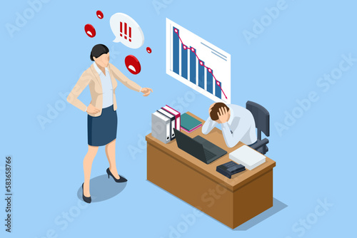 Isometric Corporate Problems, Female Rights and Bullying Problem At Workplace. Business woman bullying a sad colleague that is sitting in her workplace at the office photo