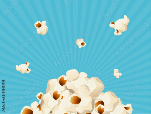 Realistic Detailed 3d Salted Popcorn Background on a Blue Fast Food for Film Movie Concept. Vector illustration of Cinema Snacks
