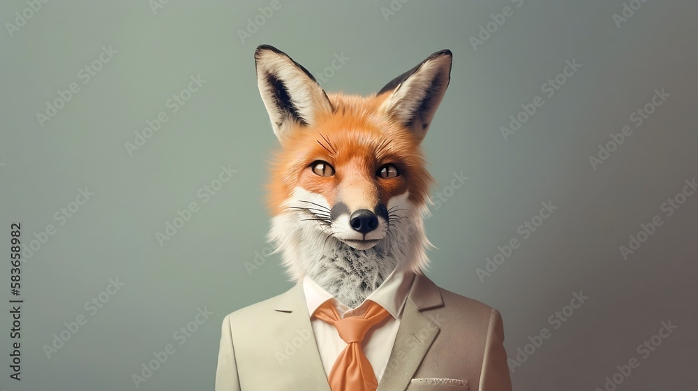 Obraz premium Elegant fox with dress suit, fox for a special occasion. Fox businessman in jacket, shirt, bow tie or tie and hat. Pastel colors and backgrounds. Business animals in suit jackets. 