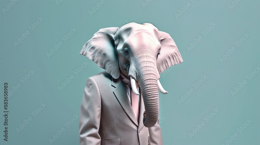 Elegant elephant with dress suit, elephant for a special occasion. Elephant businessman in jacket, shirt, bow tie or tie and hat. Pastel colors and backgrounds. Business animals in suit jackets.
