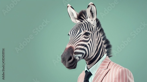 Elegant zebra with dress suit  zebra for a special occasion. Zebra businessman in jacket  shirt  bow tie or tie and hat. Pastel colors and backgrounds. Business animals in suit jackets. 