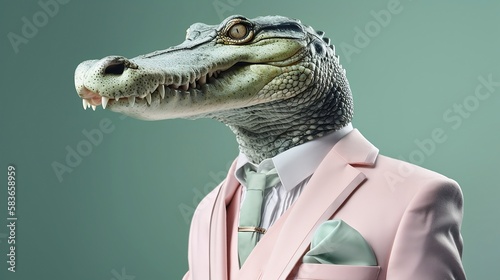 Elegant cocodrile with dress suit, cocodrile for a special occasion. Cocodrile businessman in jacket, shirt, bow tie or tie and hat. Pastel colors and backgrounds. Business animals in suit jackets.
 photo