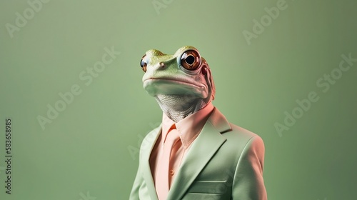 Elegant frog with dress suit, frog for a special occasion. Frog businessman in jacket, shirt, bow tie or tie and hat. Pastel colors and backgrounds. Business animals in suit jackets. 