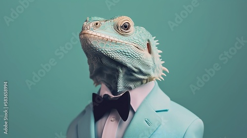 Elegant iguana with dress suit, iguana for a special occasion. Iguana businessman in jacket, shirt, bow tie or tie and hat. Pastel colors and backgrounds. Business animals in suit jackets. 