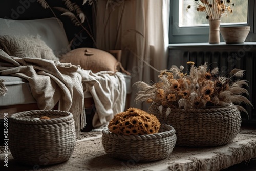 Dried flower baskets by the couch. Autumn living room hygge. Nordic interior. Comfortable boho bedroom. Rustic. dry plants vase. Generative AI