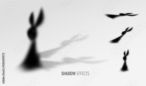 Silhouette rabbit on a transparent background. Easter bunny shadow, graphic element for design. Realistic rodent shadow - vector illustration