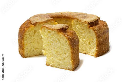 Yoghurt sponge cake, isolated on white background. Pastry concept..