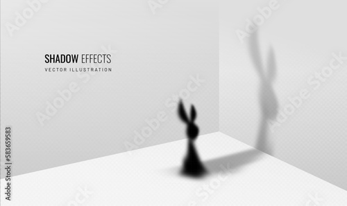 Silhouette rabbit on a transparent background. Easter bunny shadow, graphic element for design. Realistic rodent shadow - vector illustration