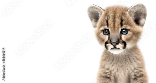 Close up of a baby cougar cub, kitten A painting,  on white background.  Image created with generative ai. 