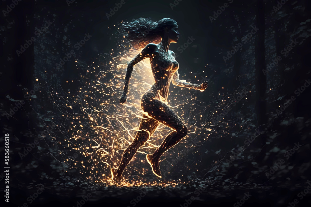 Naklejka premium A silhouette of a running girl emitting particles of light